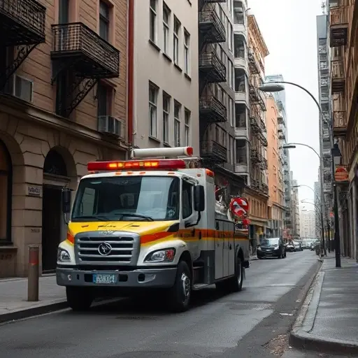 A realistic tow truck (evacuator) parked on a narrow urban street named 4th Shchipkovsky Lane, with typical city buildings, street lamps, and a quiet atmosphere, captured in a smallHQ style