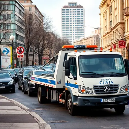A city tow truck parked on Bolshaya Oktyabrskaya Street, with a line of illegally parked cars, a city service sign, and a busy urban street background, no text or letters