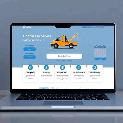 A sleek, modern digital interface of a tow truck service website displayed on a laptop screen, featuring a clean layout with icons representing various services such as emergency towing, battery jump‑start, lockout assistance, and vehicle recovery. The background shows a subtle city map with a tow truck icon hovering over a highlighted location. A phone icon and a calendar icon are present to indicate booking options. The overall color palette is muted with blues and greys, and the design emphasizes clarity and professionalism.