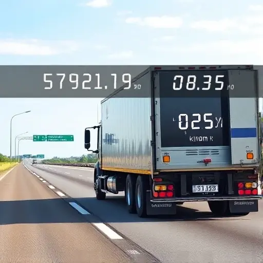 A realistic tow truck driving along a highway with a visible odometer and a subtle overlay of floating numeric symbols representing cost per kilometer, set against a clear sky and road scenery, without any text or lettering