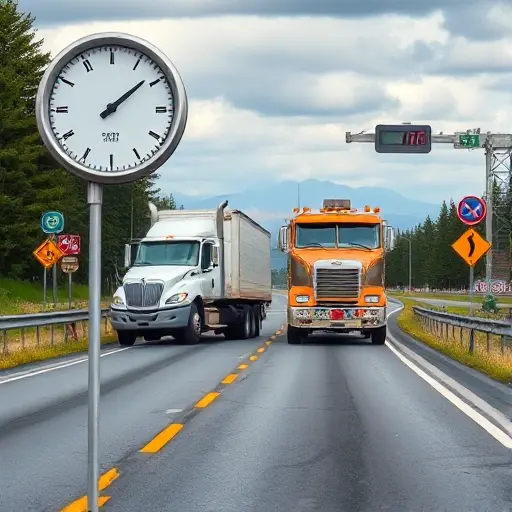 A tow truck on a road with a visible distance meter, a weight scale, a clock indicating time, and traffic signs, all in a realistic style, no text or numbers