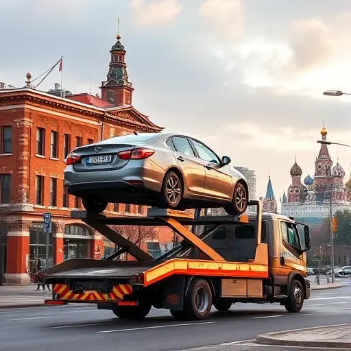 A realistic scene of a tow truck in Moscow lifting a parked car onto its platform, with recognizable Moscow city elements such as red brick buildings, street signs, and a backdrop of the Moscow skyline, showing the process of vehicle evacuation without any text or logos