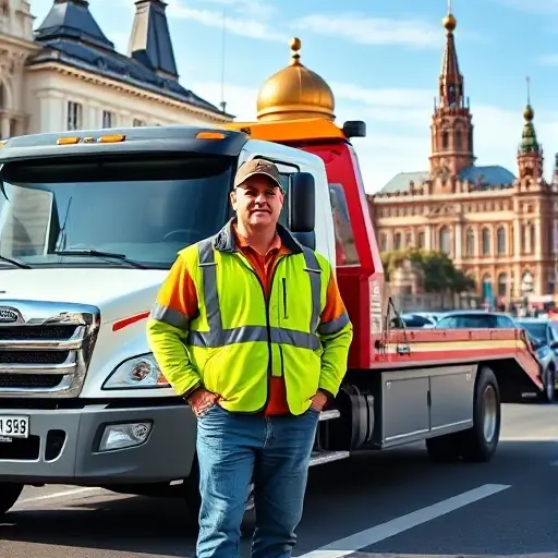 Работа на эвакуаторе в Москве: Полное руководство для соискателей A professional tow truck driver standing beside a modern tow truck on a busy Moscow street, with recognizable Moscow architecture such as the Kremlin dome and typical city buildings in the background, under a clear sky; the driver is wearing a reflective safety vest and a cap, the scene conveys a realistic, dynamic work environment without any text, letters, or numbers visible