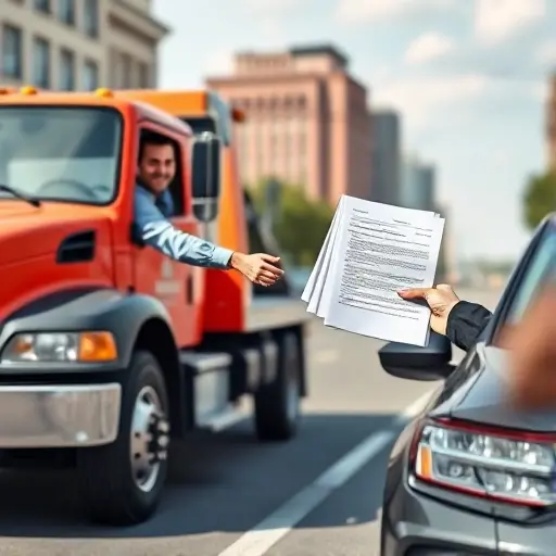 A realistic scene showing a tow truck parked beside a car on a road, with a driver handing a stack of official-looking documents to a customer. The documents are visible as paper sheets without any visible text or numbers. The background includes a city street with buildings and a clear sky, emphasizing a professional and organized atmosphere.