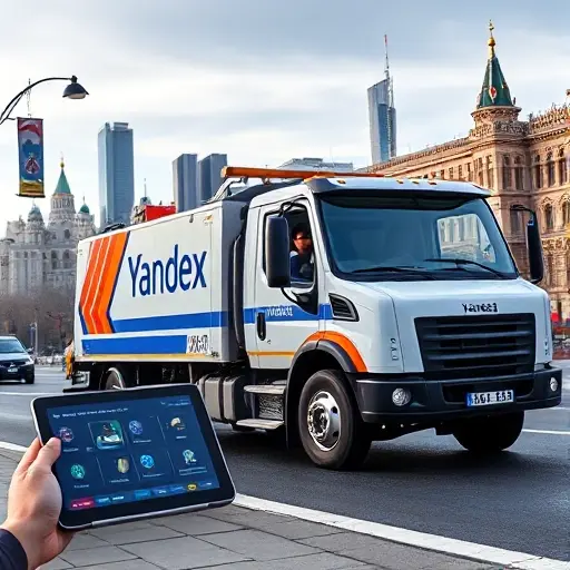 Яндекс Эвакуатор Москва: Полное Руководство по Услугам и Ценам A Yandex towing truck parked on a Moscow street, with the city skyline in the background, a driver in a uniform, and a tablet displaying icons for price categories, all in a realistic style.
