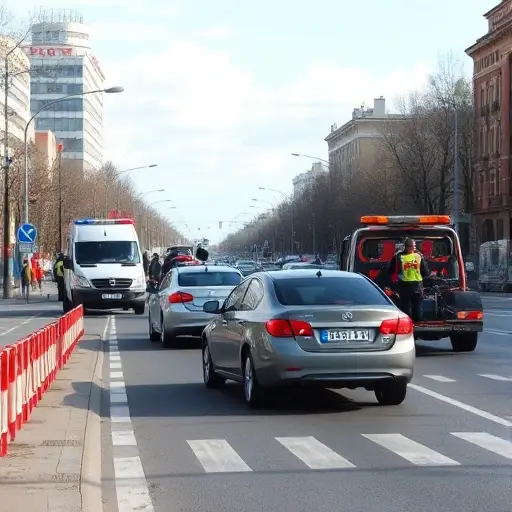 Эвакуация автомобилей на Андреево-Забелинской улице: Полное руководство A realistic urban street scene on Andreyevo-Zabelinskaya Street showing several cars being towed by tow trucks, with police officers directing traffic, road barriers and a clear sky, capturing the moment of vehicle evacuation without any visible text, letters or numbers