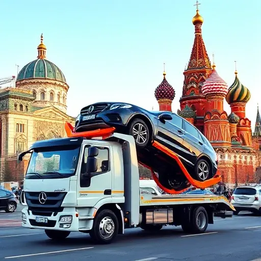 A modern tow truck with a crane lifting a car on a city street, set against recognizable Moscow architecture such as the Kremlin dome and St. Basil's Cathedral in the background. The scene conveys professionalism and reliability, with a clear sky and clean streets, no visible text or signage.