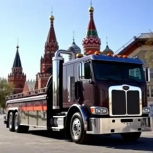 A large, modern tow truck parked in front of the Moscow Kremlin, with the iconic St. Basil's Cathedral in the background, under a clear blue sky. The truck should have a sleek, polished chrome finish and a subtle reflection on its surface, conveying a sense of professionalism and readiness.
