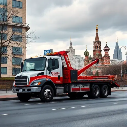 Эвакуатор Москва Южная: Полное руководство A realistic tow truck parked on a street in Moscow South, with the Moscow skyline in the background, no people