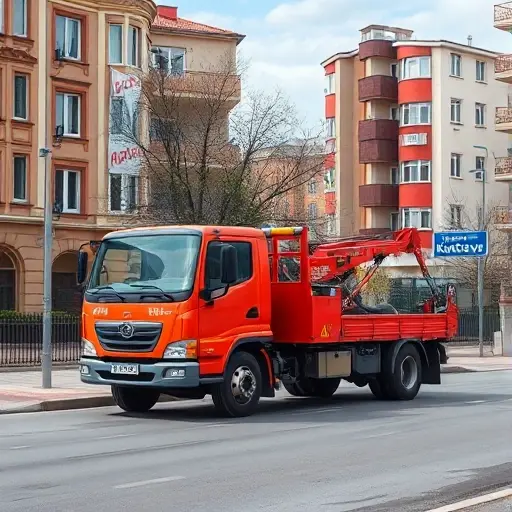 A realistic depiction of a tow truck parked on a typical Moscow street in the Kuntsevo district, surrounded by residential buildings and a subtle city sign indicating Kuntsevo, all rendered in a detailed, clear style without any text or numbers in the image.