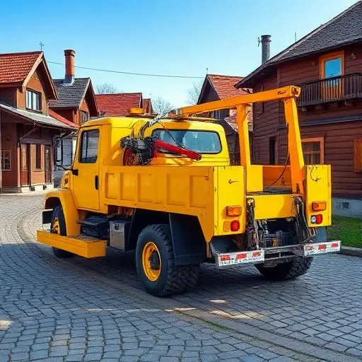 A bright yellow tow truck with a hydraulic winch parked on a cobblestone street in a small Russian town, surrounded by traditional wooden houses and a clear blue sky, capturing the quiet charm of Lysykovo.