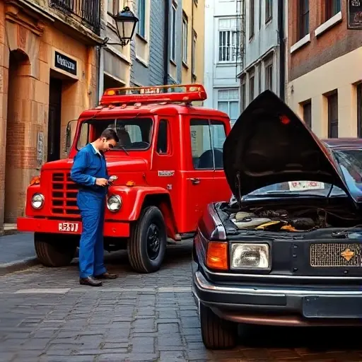 A tow truck parked on a narrow, cobblestone street called Ambulatory Lane, with a broken-down car in front of it. The tow truck is a classic red model with a visible winch and a small, open cab. A mechanic in a blue jumpsuit is inspecting the engine of the broken car, holding a wrench. The scene is set during late afternoon with warm lighting, capturing the details of the street, the tow truck, and the mechanic’s focused expression. No text or signage is visible in the image.