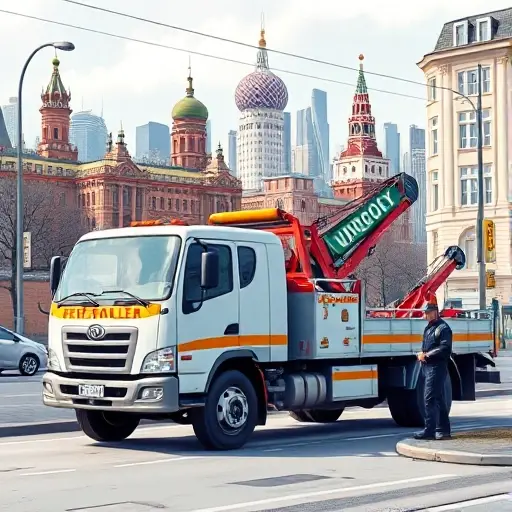 A realistic depiction of a tow truck parked on a typical Moscow street, with the city skyline in the background and a calm driver in uniform standing beside the vehicle, all rendered in a detailed, high-quality style without any text or lettering