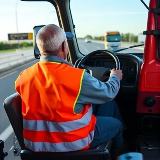 A tow truck driver in a bright, reflective safety vest, attentively steering a heavy tow truck at a roadside scene. The driver is focused, eyes on the road, with a clear view of a vehicle being towed. The setting includes a clear sky, a calm road, and subtle safety signage. No text, letters, or digits appear in the image.