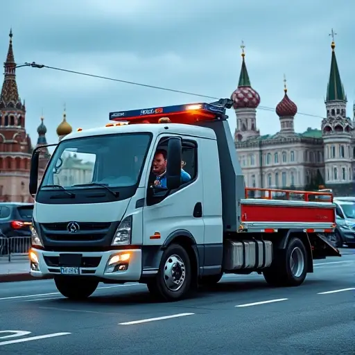 A modern tow truck (evacuator) parked on a Moscow street with recognizable city landmarks such as the Kremlin silhouette in the background. The driver is holding a contactless payment device, showing a subtle glowing NFC wave indicating cashless payment. The scene is realistic yet compact, focusing on the vehicle and the payment action without any text, letters, or numbers.