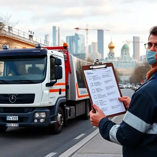 A tow truck parked on a Moscow street in the Krasnoselsky district, with the city skyline in the background, a person in a work uniform holding a clipboard with icon-based checklist, and a clear view of the street and surrounding buildings, all depicted in a realistic style.