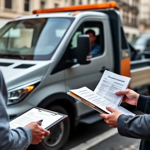 A modern tow truck (evacuator) parked beside a car, with a driver handing a stack of official-looking documents to a customer; the scene shows paperwork being reviewed, a clipboard, and a pen, all without any visible text, letters, or numbers; background shows a city street with subtle buildings, emphasizing the process of preparing car documents