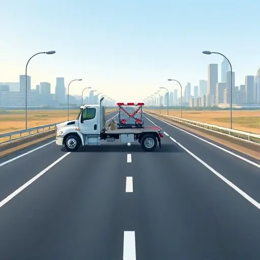 A realistic illustration of a tow truck on a highway between two cities, showing both front-wheel and rear-wheel drive configurations with visible differential lock mechanisms, the truck positioned on a road with subtle markers indicating a long distance journey, without any textual elements