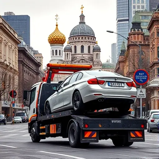 A realistic scene of a tow truck in Moscow lifting a car onto its platform, with recognizable Moscow city elements such as the Kremlin dome or typical high-rise buildings in the background, a clear street with traffic signs but no visible text, and a sense of urban activity; the focus is on the tow truck and the vehicle being towed, illustrating the process of vehicle removal in the city