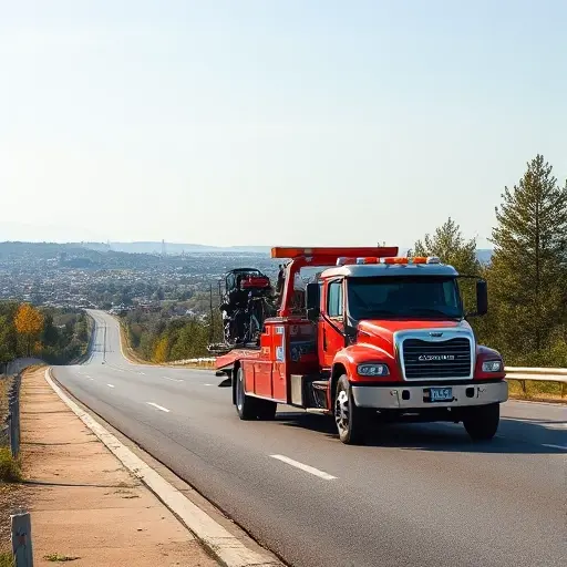 A tow truck (evacuator) pulling a motorcycle and a piece of special equipment, such as a compact excavator, on a road that stretches from a small town to a city, with surrounding scenery of trees and distant buildings, under a clear sky, without any text, letters, or numbers