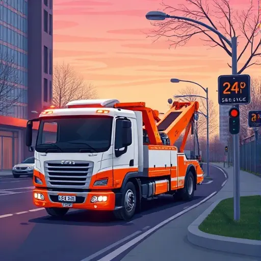 A modern tow truck with a bright orange and white color scheme parked on a city street at dusk, the truck's hook and winch visible, a road sign indicating a 24-hour service nearby, and a subtle hint of a digital price tag floating nearby without any actual numbers or text, all rendered in a clean, detailed illustration style