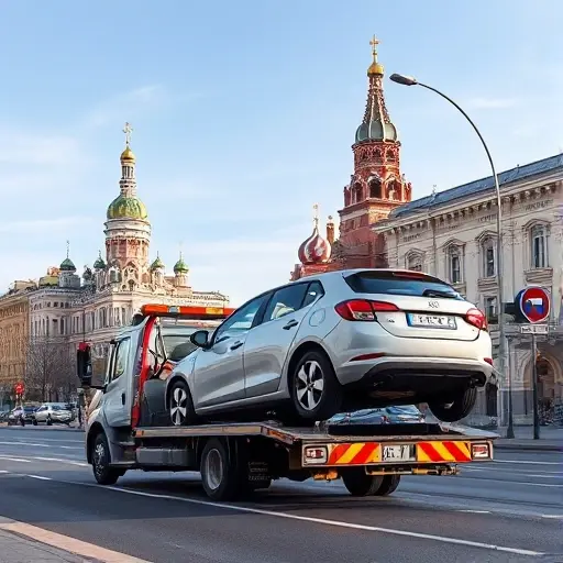 A realistic scene of a Moscow street with a tow truck lifting a compact car onto its platform, the city’s historic buildings and traffic signs in the background under a clear sky, illustrating the process of a vehicle being taken to a parking enforcement facility, without any visible text or numbers