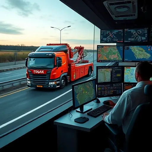 A realistic scene of a modern tow truck parked on a Belarusian highway, with a dispatcher in a control room overlooking multiple screens displaying maps and traffic data, all depicted in a detailed, high-quality style.