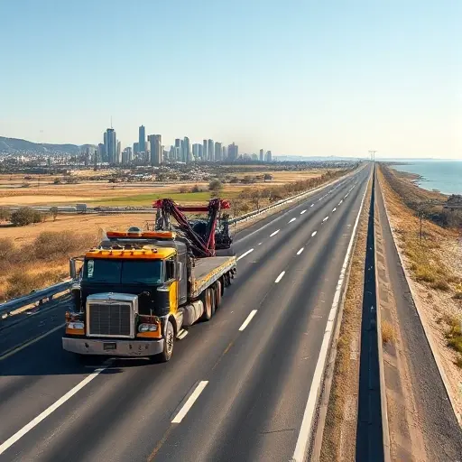 эвакуатор москва владивосток A realistic scene showing a sturdy tow truck driving along a long highway that stretches across diverse Russian landscapes, from the urban skyline of Moscow in the background to the distant coastline near Vladivostok, with a subtle map overlay indicating the route, under a clear sky, emphasizing the journey of a tow service across the country.