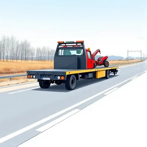 A detailed illustration of a modern flatbed tow truck (evacuator) on a highway, showing its distinctive low platform and winch system, with a sleek, realistic design. The scene includes a stretch of road with subtle hints of Russian landscape, such as distant birch trees and a faint skyline, but no text, logos, or people. The focus is on the tow truck's structure and functionality, emphasizing its robust chassis and equipment, rendered in a clean, high-quality smallHQ style.