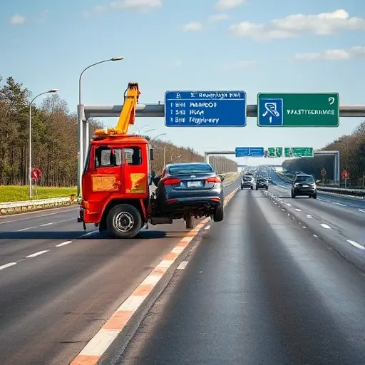 A realistic scene of a tow truck lifting a car on a busy highway, showing the Moscow Ring Road (MKAD) and the Pyatnitskoe Highway in the background, with road markings, traffic signs, and a clear sky, emphasizing the evacuation process without any text or symbols