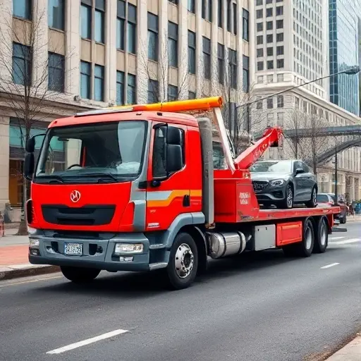 A realistic depiction of a modern transport tow truck parked on a city street, its hydraulic winch extended, a flatbed partially loaded with a car, surrounded by urban scenery, no text or logos visible