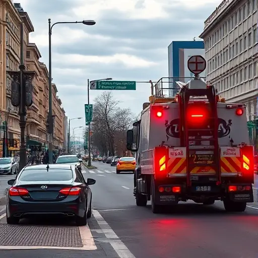A realistic urban scene on a busy Moscow street named 2-ya Novoostankinskaya, showing a broken down car parked at the curb with its hazard lights on, a modern tow truck with its ladder extended approaching the vehicle, street lamps, traffic signs, and surrounding buildings under a slightly overcast sky. The focus is on the interaction between the tow truck driver and the stranded driver, with no visible text, logos, or numbers.