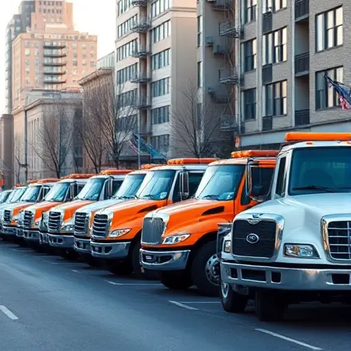 A series of tow trucks parked side by side on a quiet city street, each truck showing a different model and color, realistic lighting and shadows, urban buildings in the background, early morning atmosphere with soft sky, no signage or text visible