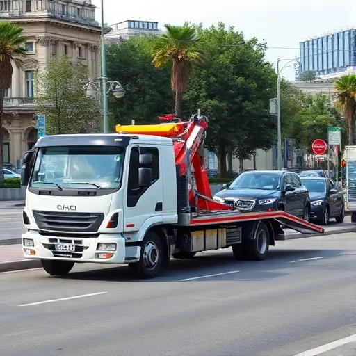 A modern tow truck pulling a car on a busy street in the southern part of Moscow, with recognizable Moscow architecture and trees in the background, clear daytime sky, realistic details, no text or signage