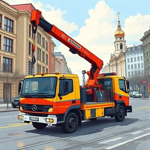 A detailed illustration of a Russian manipulator tow truck (эвакуатор-манипулятор) operating in Moscow, showing the vehicle with its hydraulic crane arm lifting a car, set against a recognizable Moscow city backdrop with typical buildings and streets, rendered in the smallHQ style