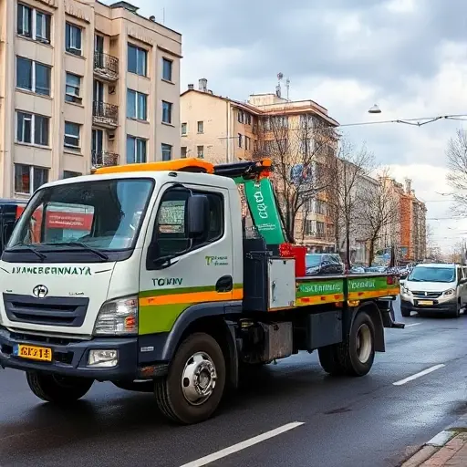 A realistic scene of a tow truck parked on a busy urban street called Avangardnaya, with the truck's hook ready, city buildings in the background, and a driver in a uniform standing beside the vehicle, conveying a helpful service atmosphere, without any text or signage