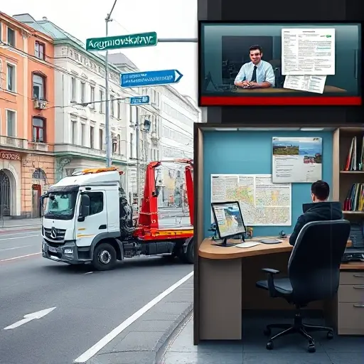 A realistic scene of a tow truck parked on Argunovskaya Street, with a dispatcher in a control room preparing information. The street should show typical urban elements like buildings, street signs, and a clear view of the tow truck. Inside the control room, a dispatcher is seated at a desk with a computer, maps, and a phone, looking focused and ready to relay information. The overall composition should convey readiness and professionalism, with natural lighting and a balanced color palette.