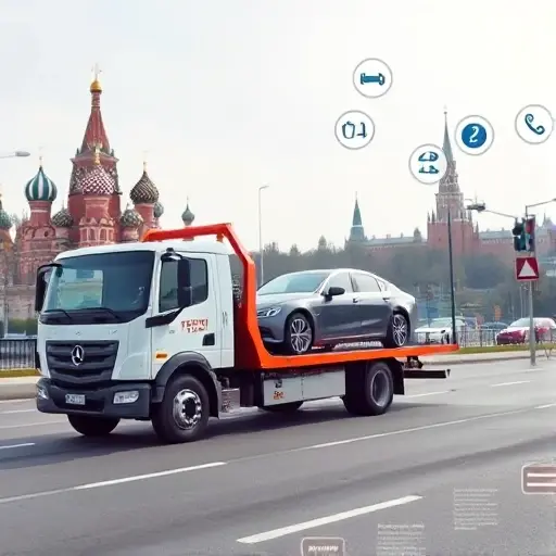 A realistic scene of a tow truck in Moscow pulling a parked car onto a flatbed, with recognizable Moscow city elements such as the Kremlin silhouette or typical street signs in the background, and a subtle hint of a digital interface (like floating icons) representing online traffic police services, all depicted in a compact high-quality style without any text or lettering.