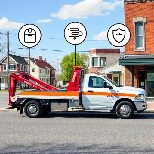 A tow truck parked in a small town setting, with visual symbols representing price, speed, and reliability: a price tag icon, a stopwatch icon, and a shield icon, all integrated into the scene without any text or letters