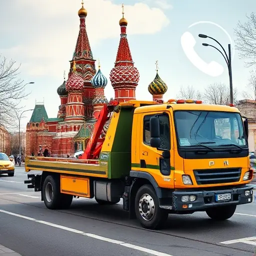 A realistic scene of a tow truck parked near a recognizable Moscow landmark, such as Saint Basil's Cathedral, with a subtle phone icon hovering nearby to suggest a call, bright daylight, city streets, no text or signage