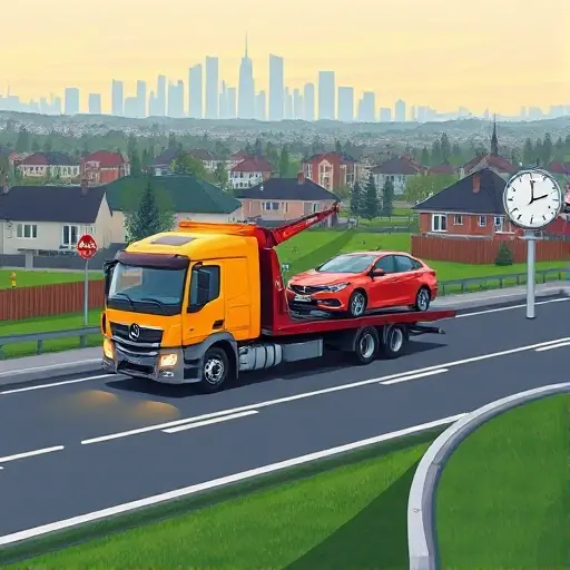 A realistic scene of a tow truck operating on a road near Moscow, with a city skyline in the background and suburban houses, showing elements that suggest factors influencing evacuation cost such as traffic congestion, distance markers, a clock indicating time of day, and a damaged vehicle being loaded onto the truck. The composition should be clear, detailed, and suitable for a small high-quality illustration.