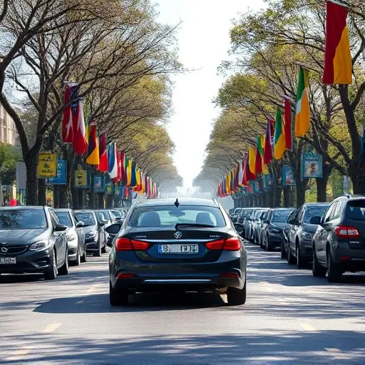 A realistic scene of a car being evacuated on a wide, tree‑lined boulevard called the Alley of Friendship of Peoples, with local drivers offering helpful gestures, diverse cultural flags subtly visible in the background, bright daylight, urban environment, no text or signage
