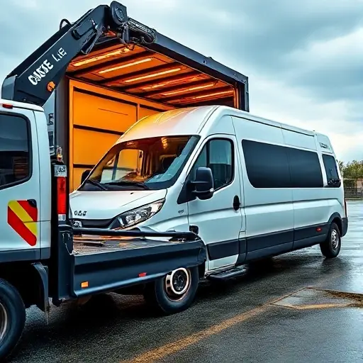 A tow truck unloading a GAZelle Next van, showing the winch pulling the van, the cargo area open, with the vehicle's interior visible, in a realistic, detailed style.