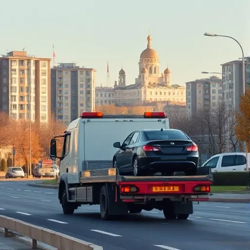 A realistic scene of a tow truck (evacuator) parked on a Moscow suburban road, with recognizable Moscow architecture in the background such as typical apartment blocks and a hint of the Kremlin dome in the distance, a driver opening the truck's rear hatch to load a car, clear sky, subtle autumn colors, no text or signage