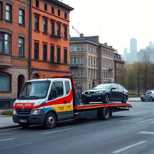 A realistic tow truck parked on a typical Basmanny district street in Moscow, with a car being towed. The scene includes characteristic Basmanny architecture, such as old brick buildings and a small park area. The background shows a subtle hint of the Moscow skyline, but no text, letters, or numbers are present. The image should convey the relevance and everyday presence of towing services in the area.