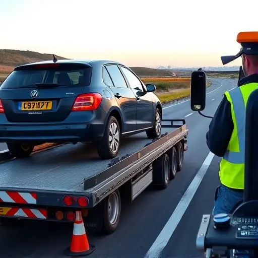 A professional tow truck driving on a highway between Moscow and Belgorod, with a securely fastened vehicle on its platform. The scene emphasizes safety: seat belts visible on the passenger seats inside the towed car, safety cones and reflective markers along the road, and a calm, clear sky. The tow truck driver is wearing a safety vest and gloves, and the surrounding environment shows a well-maintained road with gentle hills and distant city silhouettes, conveying a safe and reliable transport service.