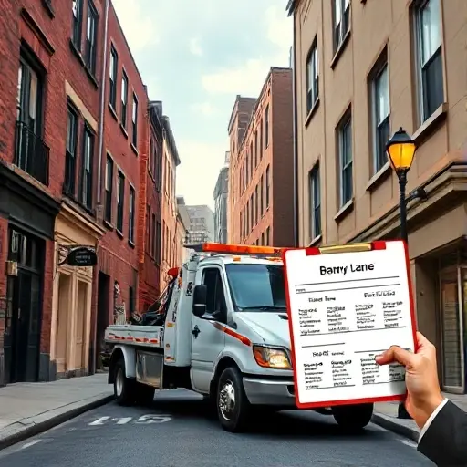A realistic scene of a tow truck parked on a narrow urban street named Banny Lane, with surrounding buildings, street lamps, and a subtle hint of a price list or cost guide displayed on a clipboard held by a driver, all without any visible text, letters, or numbers; the focus is on the tow truck, the street environment, and the sense of a service guide