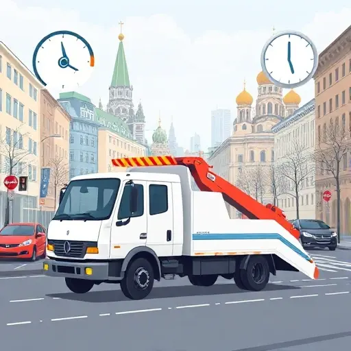 A realistic illustration of a tow truck (evacuator) driving through a Moscow street with recognizable city architecture in the background, subtle visual cues like a distance meter and a clock icon to suggest cost per kilometer and payment for idle time, without any text, letters, or digits.