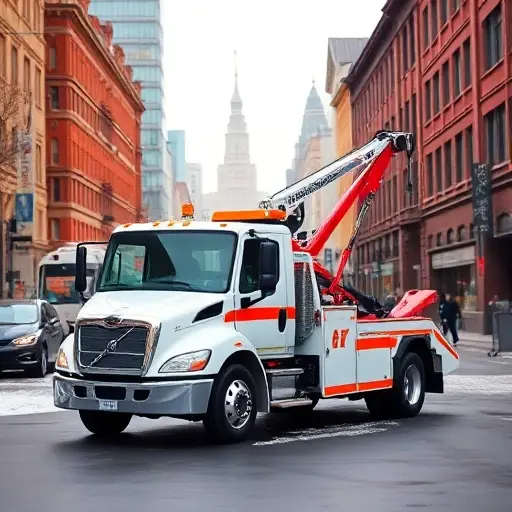 Эвакуатор Москва: Полное руководство по выбору и заказу A professional tow truck with a crane and hook parked on a busy Moscow street, surrounded by recognizable city architecture such as red brick buildings and the Moscow skyline, with subtle signs of winter snow on the ground, showing the vehicle ready for service, no text or logos