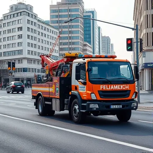 A realistic scene of a tow truck (evacuator) operating on a city street in Zelenograd, Moscow, with urban buildings, traffic signs, and a clear sky, focusing on the vehicle and the surrounding city environment, no text or logos.